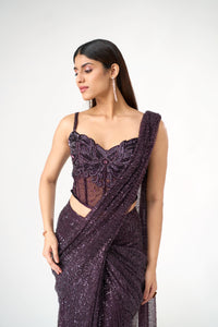 BURGUNDY CRYSTAL EMBELLISHED CORSET BLOUSE AND PRE DRAPED SAREE SET | Nishly Fashion House