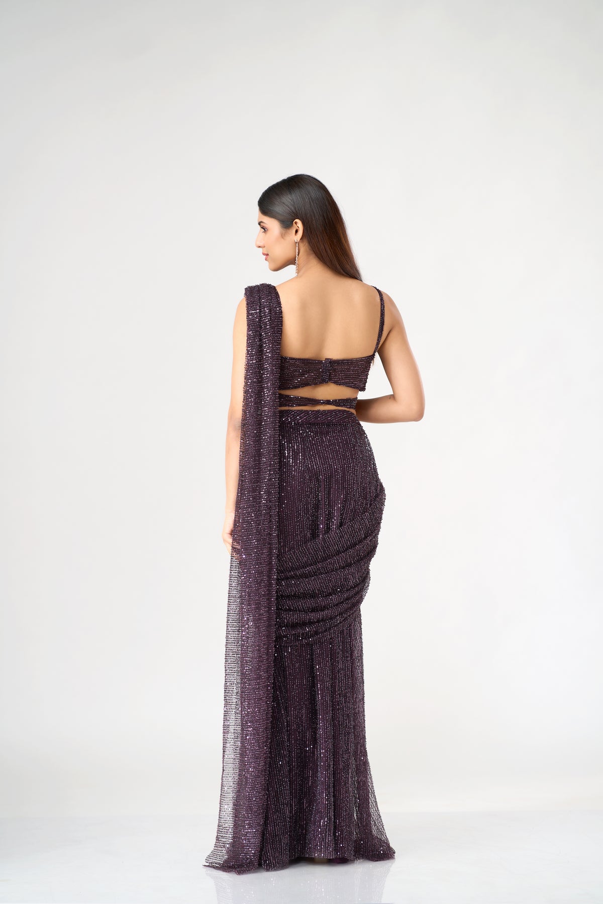 BURGUNDY CRYSTAL EMBELLISHED CORSET BLOUSE AND PRE DRAPED SAREE SET | Nishly Fashion House