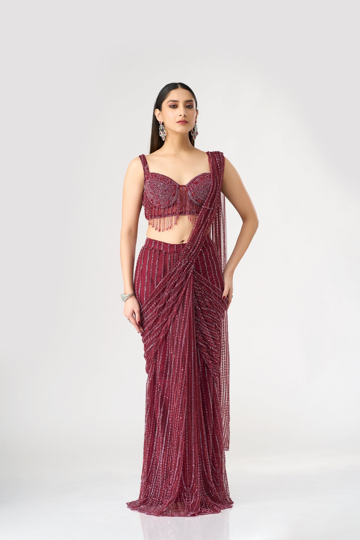 RED CRYSTAL EMBELLISHED  BLOUSE AND PRE DRAPED SAREE SET | Nishly Fashion House