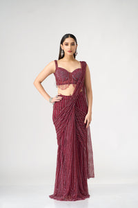 RED CRYSTAL EMBELLISHED  BLOUSE AND PRE DRAPED SAREE SET | Nishly Fashion House