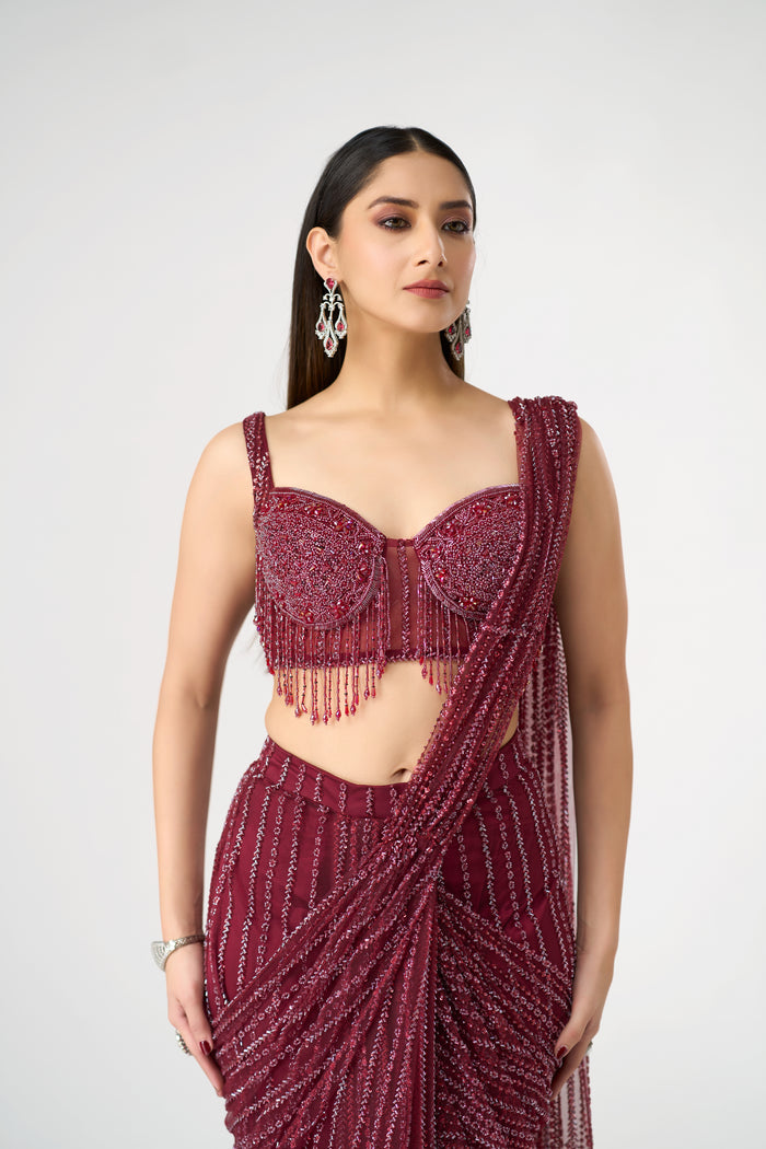 RED CRYSTAL EMBELLISHED  BLOUSE AND PRE DRAPED SAREE SET | Nishly Fashion House
