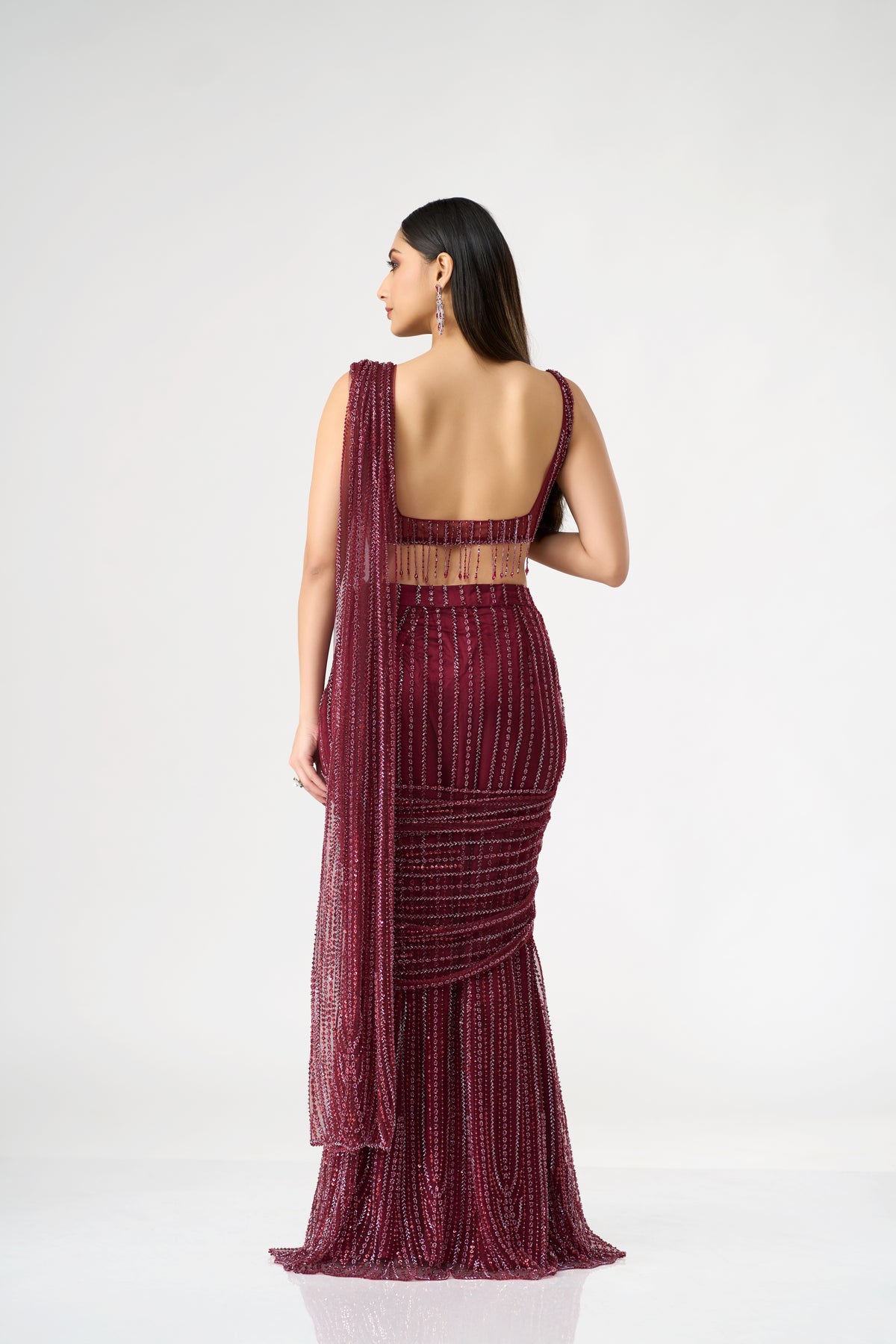 RED CRYSTAL EMBELLISHED  BLOUSE AND PRE DRAPED SAREE SET | Nishly Fashion House