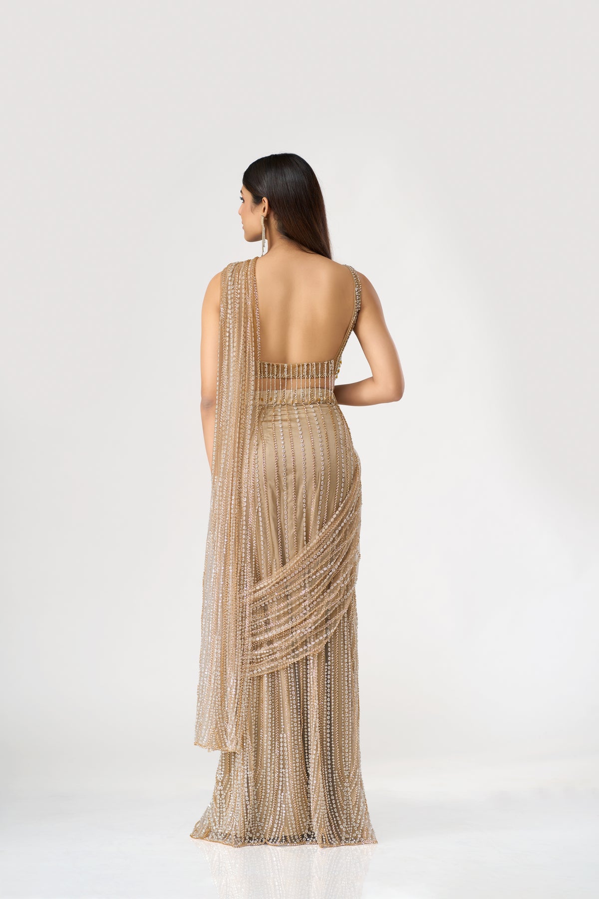 GOLD CRYSTAL EMBELLISHED  BLOUSE AND PRE DRAPED SAREE SET | Nishly Fashion House