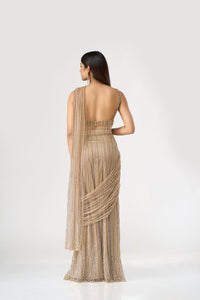 GOLD CRYSTAL EMBELLISHED  BLOUSE AND PRE DRAPED SAREE SET | Nishly Fashion House