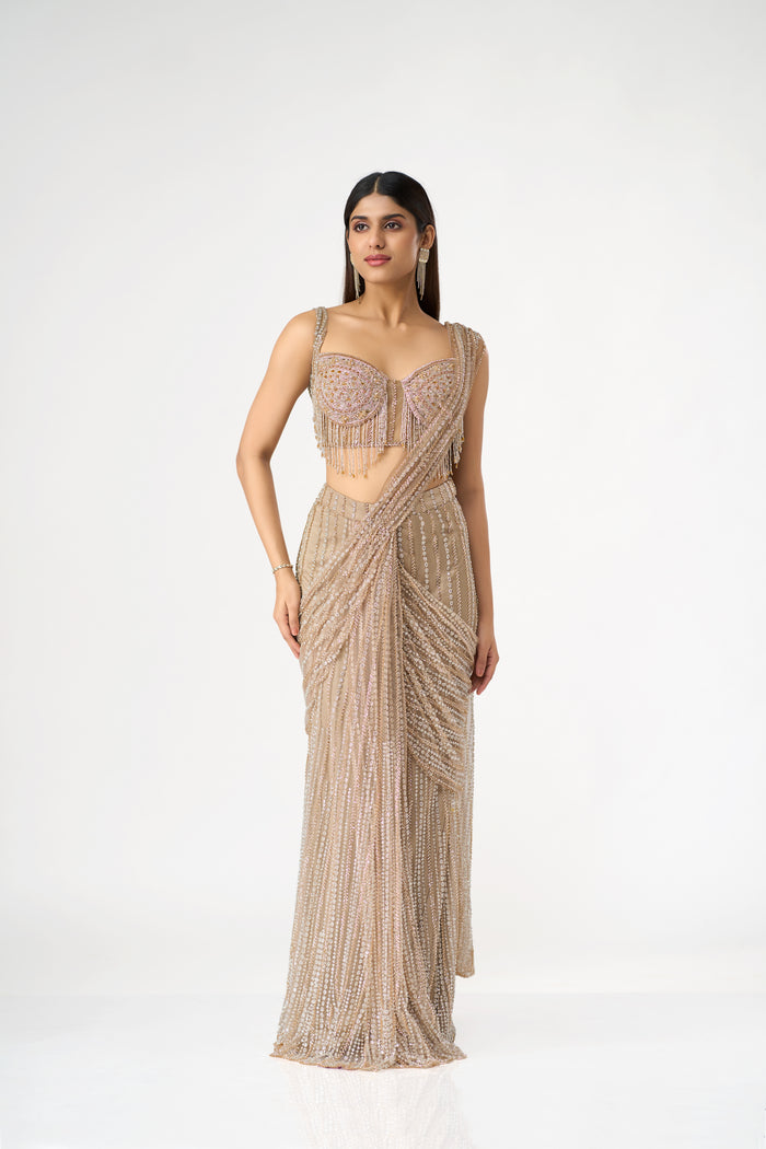 GOLD CRYSTAL EMBELLISHED  BLOUSE AND PRE DRAPED SAREE SET | Nishly Fashion House