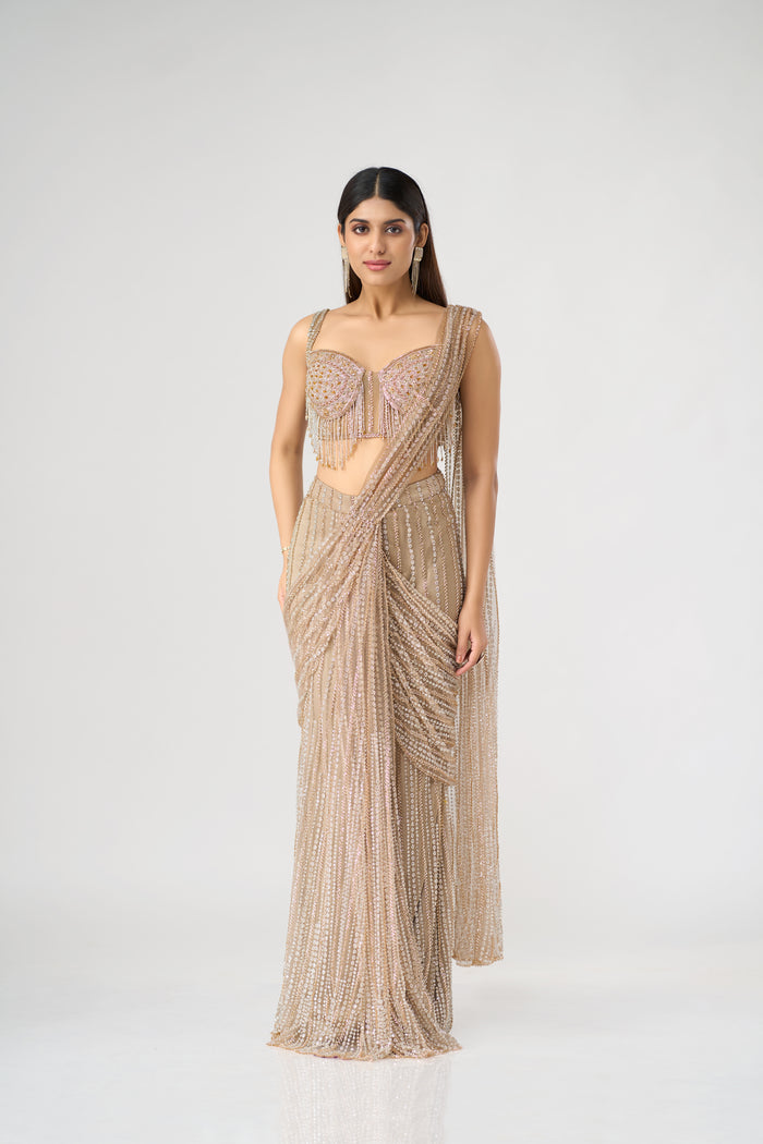 GOLD CRYSTAL EMBELLISHED  BLOUSE AND PRE DRAPED SAREE SET | Nishly Fashion House