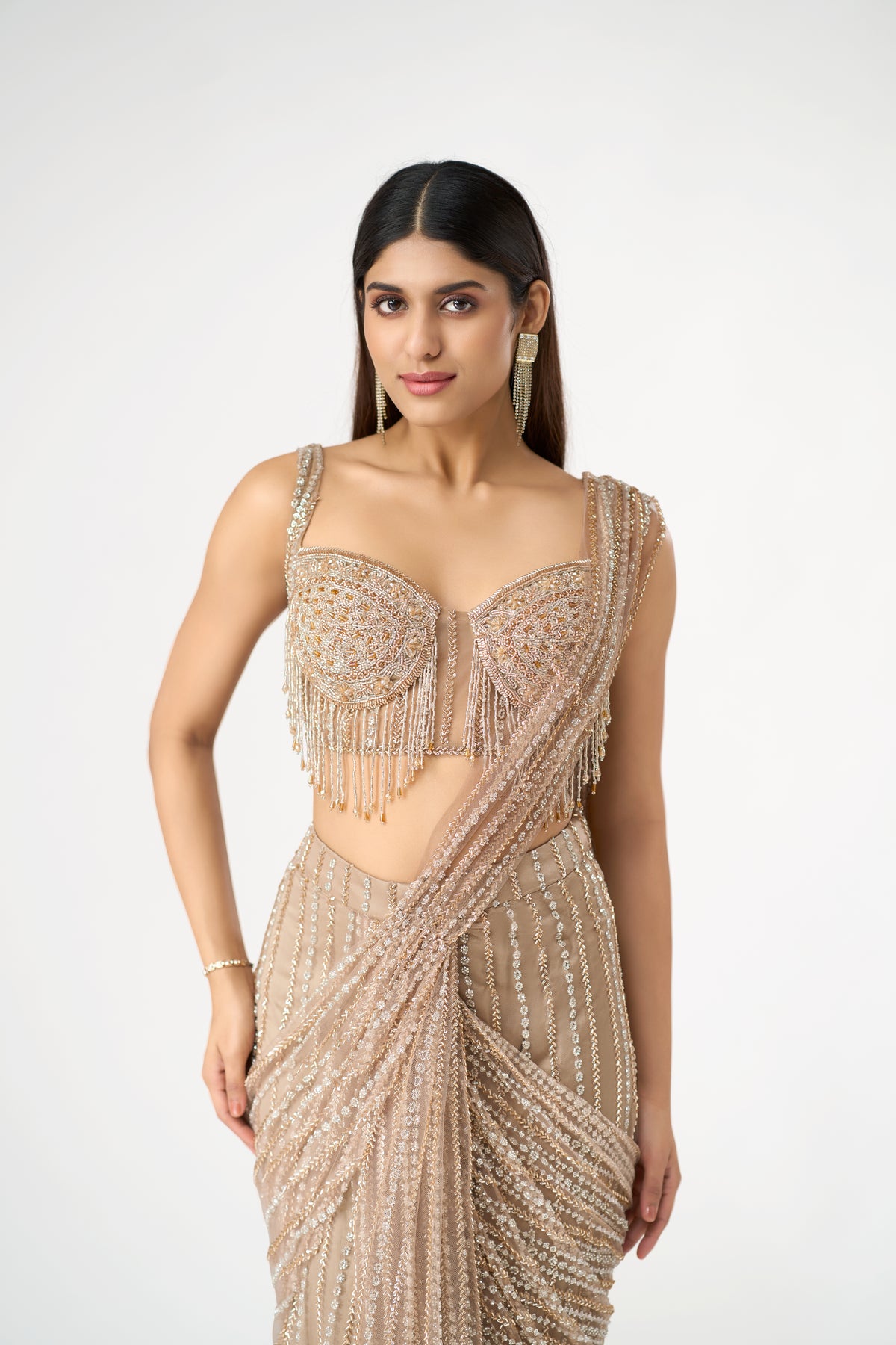 GOLD CRYSTAL EMBELLISHED  BLOUSE AND PRE DRAPED SAREE SET | Nishly Fashion House
