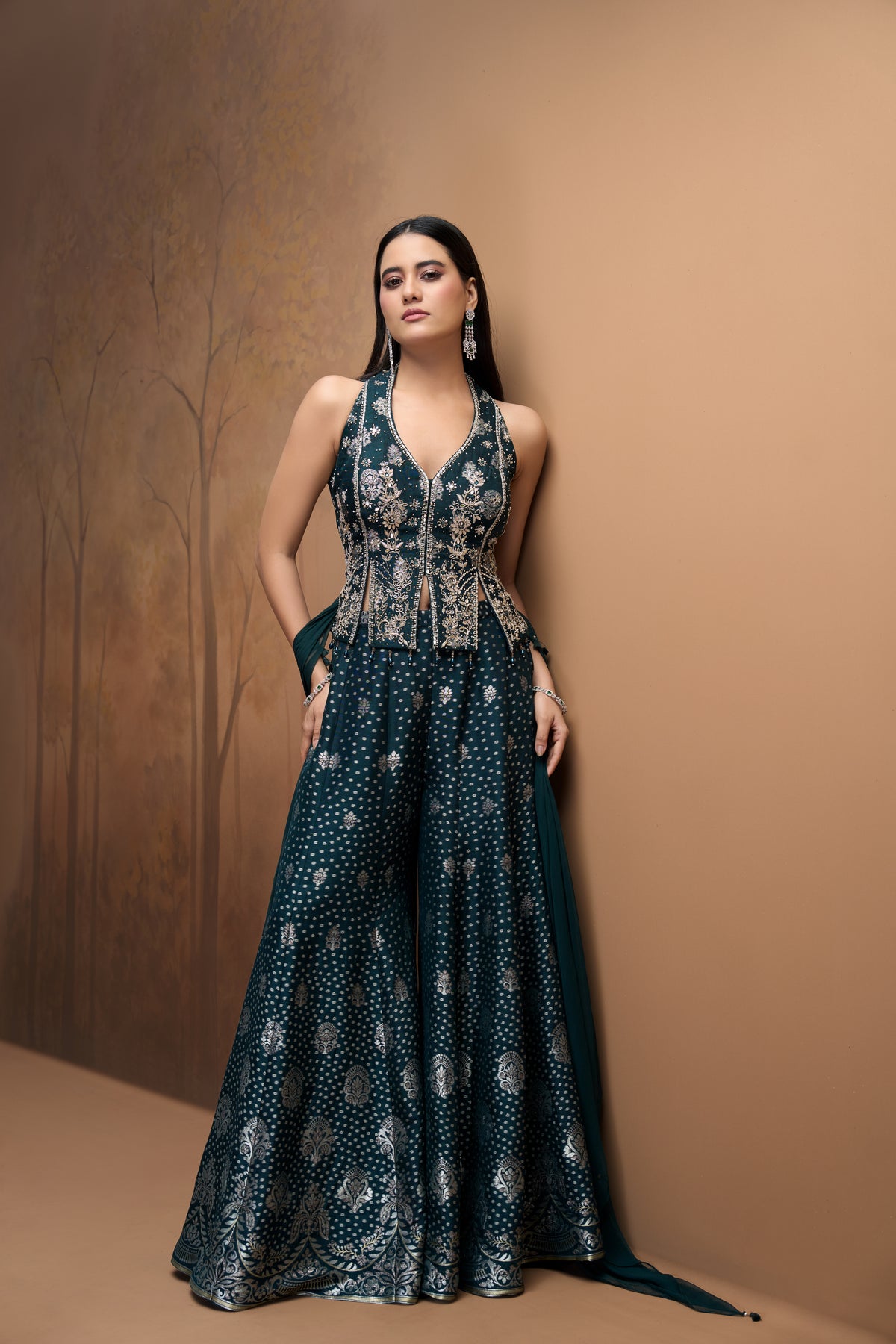 Green silk mirror embroidered corset sharara set for wedding and festive wear