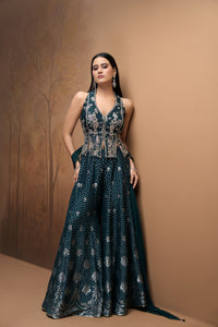Green silk mirror embroidered corset sharara set for wedding and festive wear