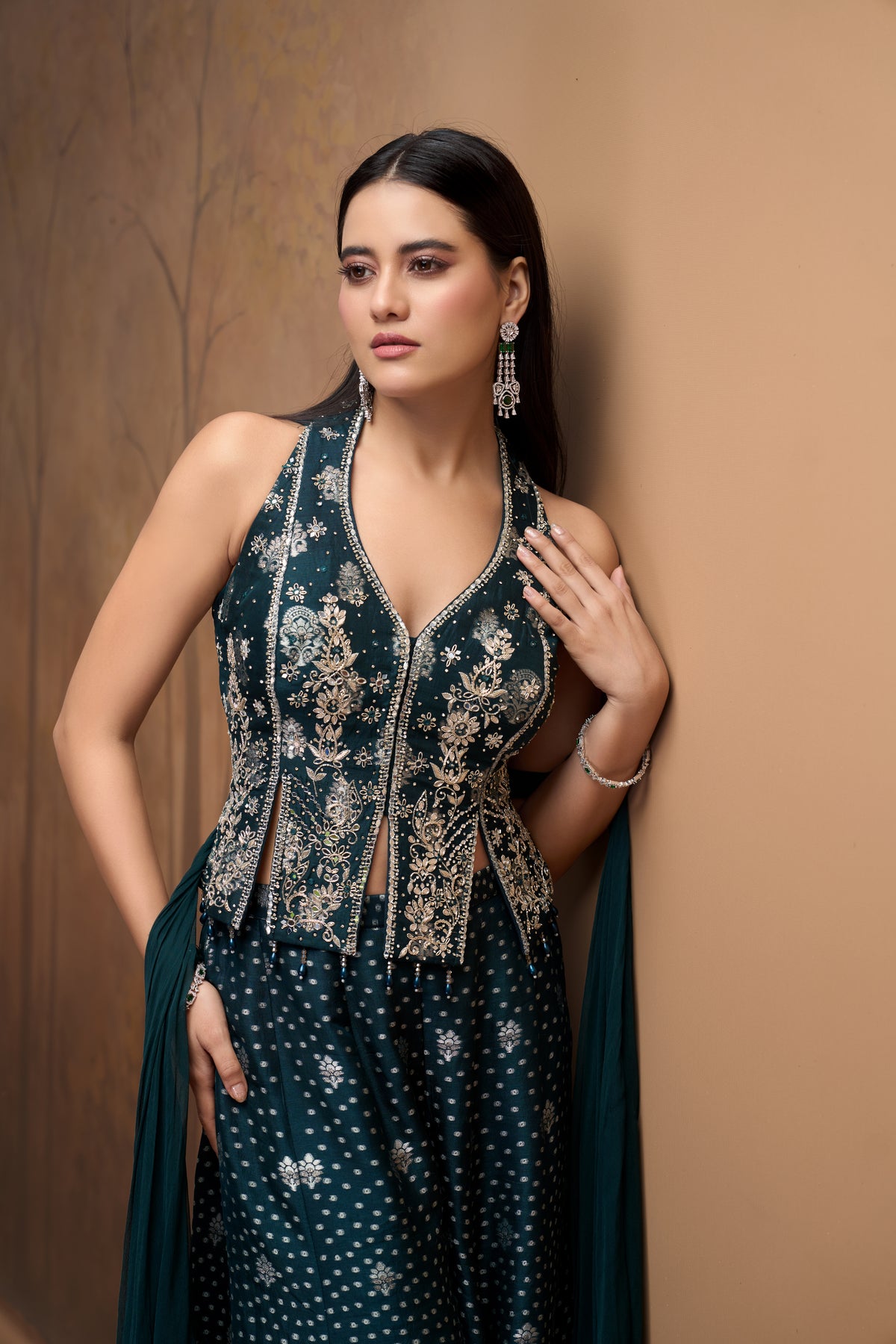 Designer green silk embroidered corset sharara set for Indian wedding and reception wear