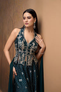 Designer green silk embroidered corset sharara set for Indian wedding and reception wear