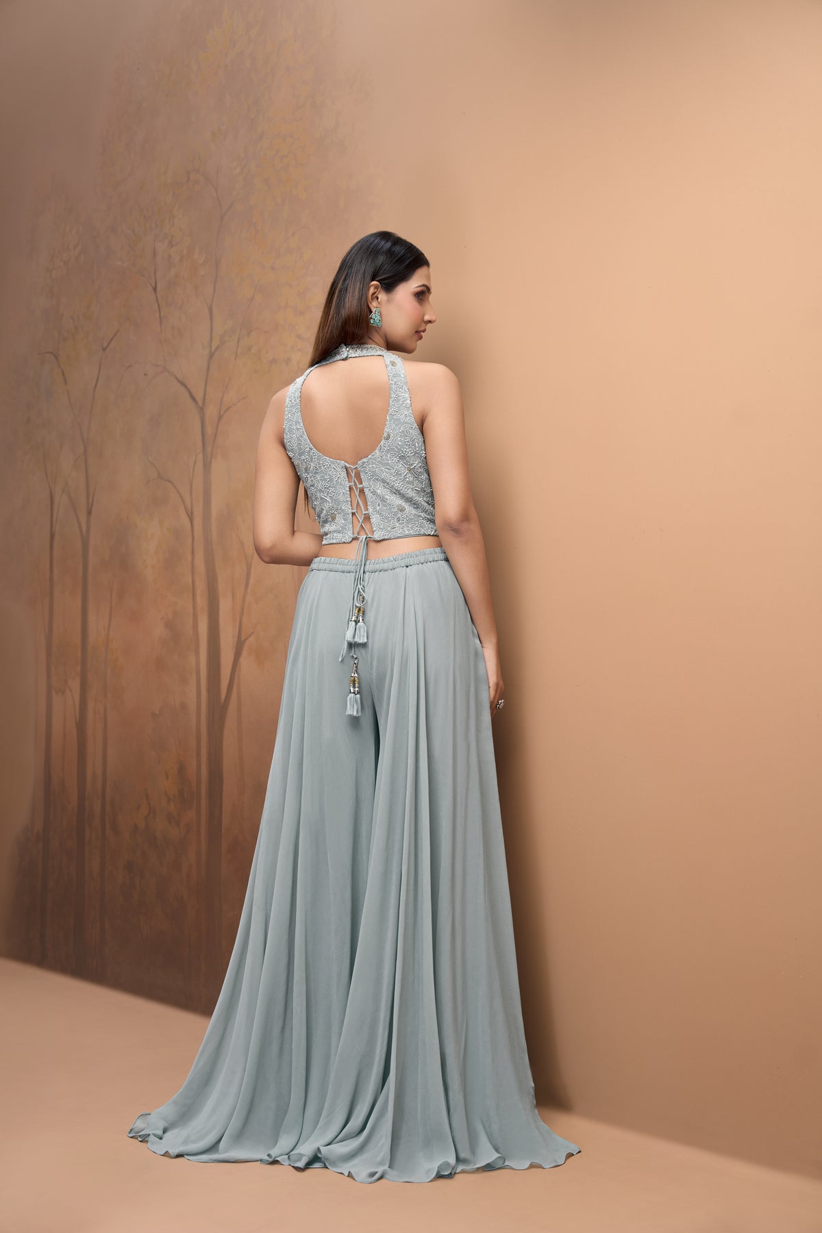 Blue embroidered corset sharara set with detailed Lucknowi embroidery for women