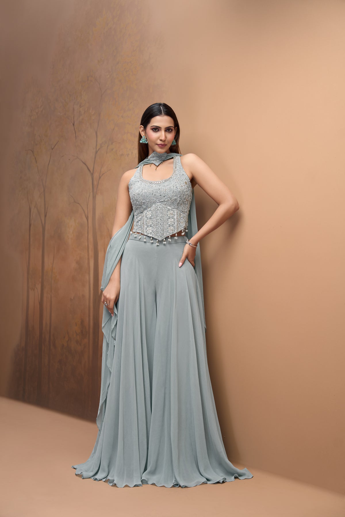 Blue Lucknowi work corset sharara set elegant Indian ethnic outfit for festive occasions