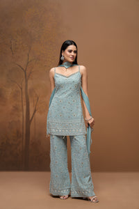 Blue Lucknowi embroidered georgette sharara set with intricate embroidery for weddings and festive occasions