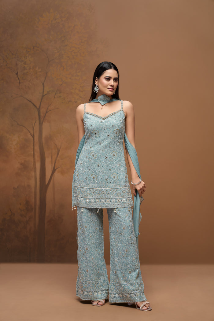 Blue Lucknowi embroidered georgette sharara set with intricate embroidery for weddings and festive occasions