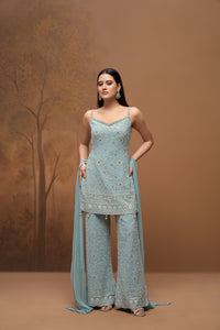 Blue Lucknowi embroidered georgette sharara set for women, elegant Indian ethnic wear