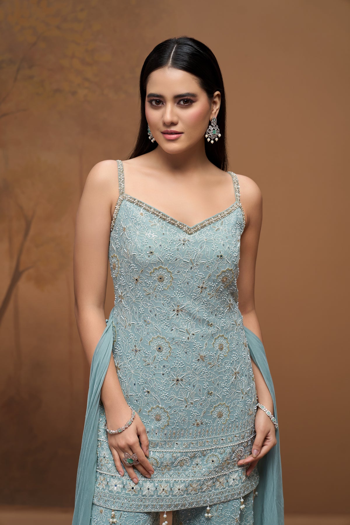 Front view of blue Lucknowi embroidered georgette sharara set, stylish Indian wedding outfit