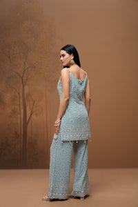 Detailed blue Lucknowi embroidery on georgette sharara set, festive ethnic wear for women