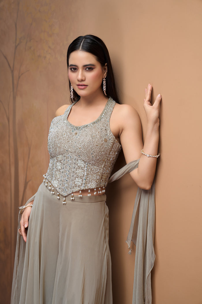 Ace Lucknowi embroidered corset top and sharara set for women festive wear