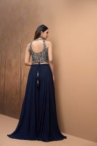 Blue mirror embroidered sharara set with corset blouse for festive and wedding occasions