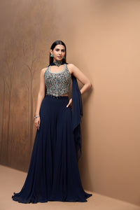 Blue mirror work corset sharara set for mehendi and sangeet celebrations