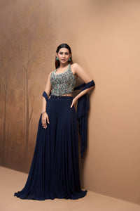 Blue mirror embroidered corset sharara set for wedding and festive wear