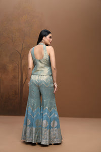 Blue tissue silk corset sharara set with intricate mirror embroidery for mehendi, sangeet, wedding and festive occasions