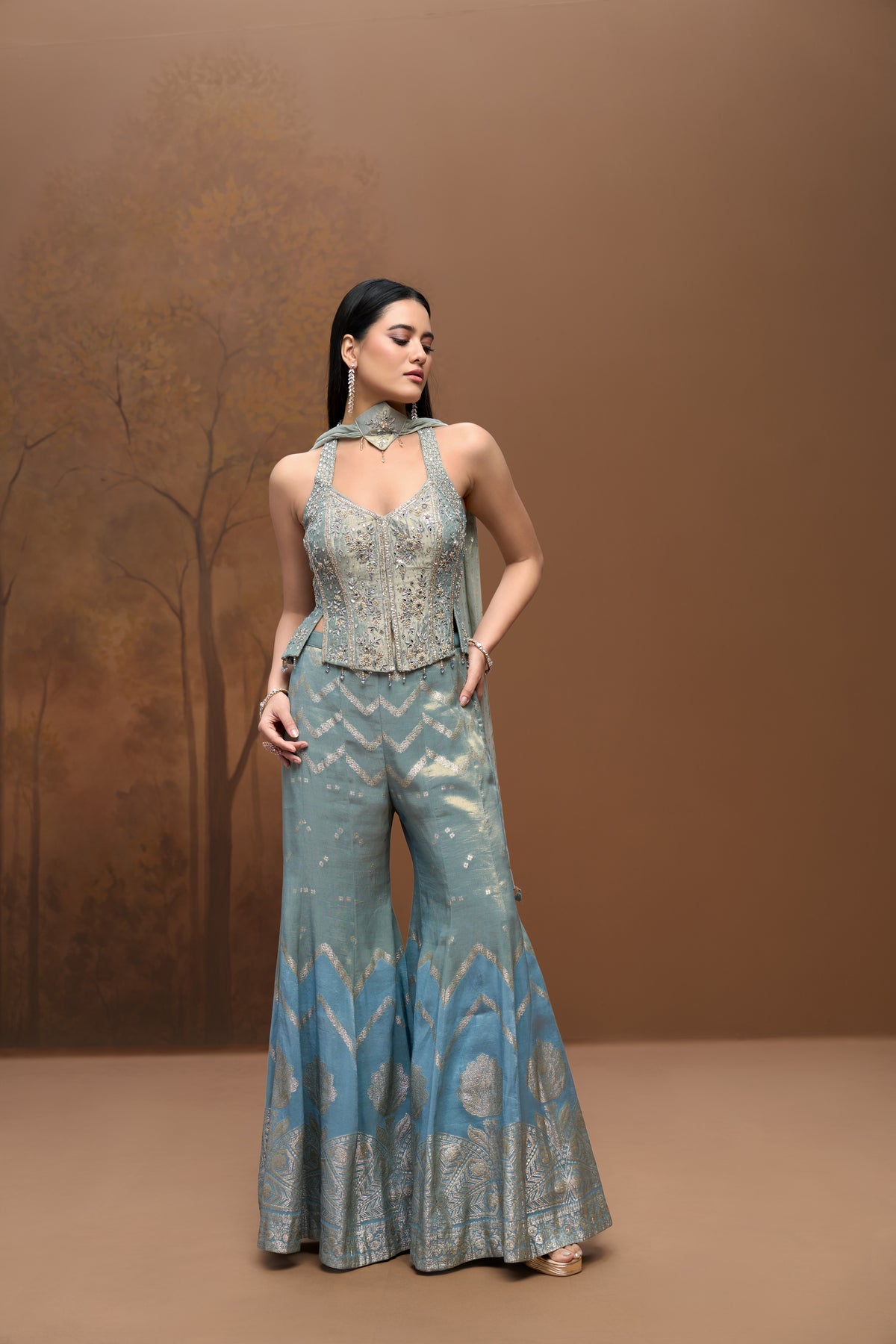 Blue mirror embroidered corset and sharara set for Indian wedding, festive and party wear