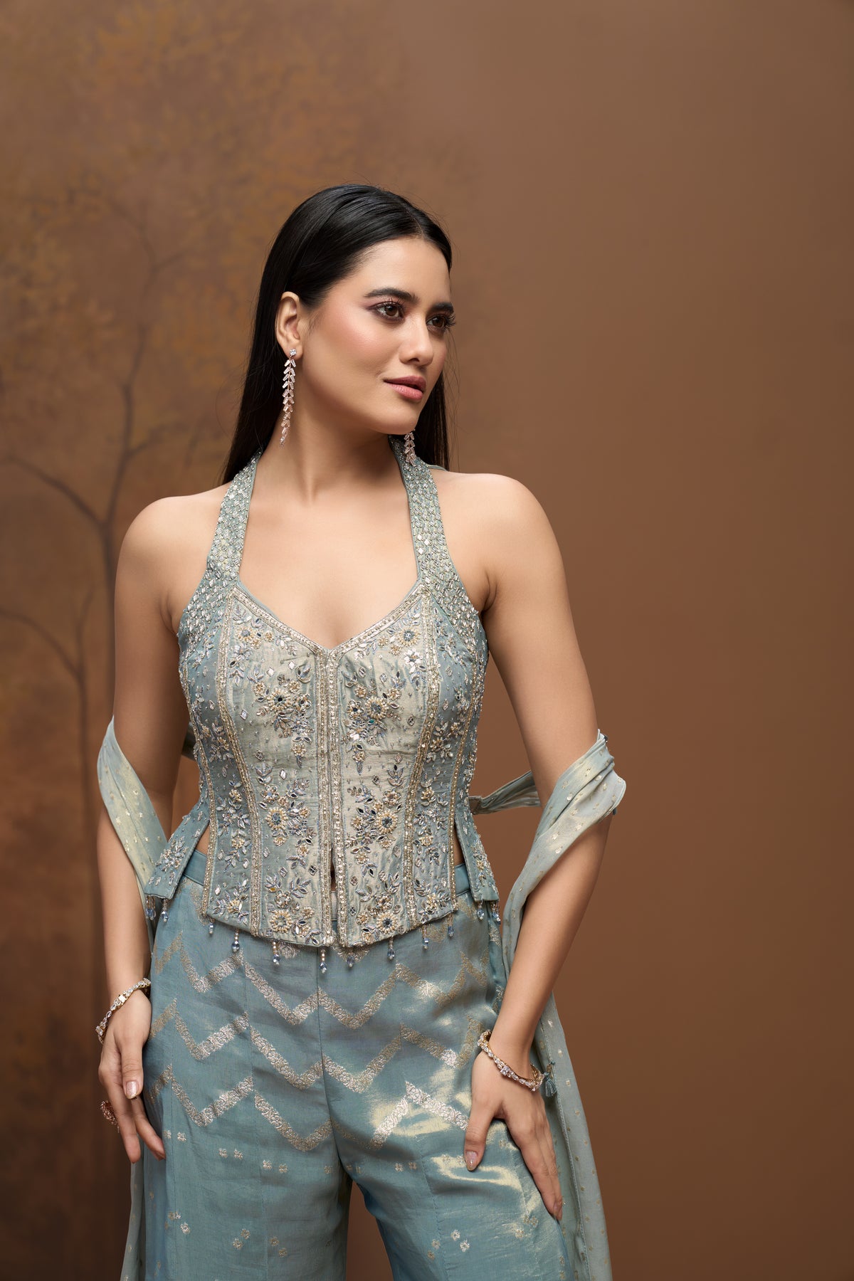 Designer blue tissue silk sharara set with embroidered corset blouse for wedding celebrations