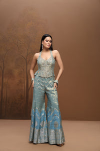 Blue mirror work corset sharara set with tissue silk fabric for mehendi and sangeet