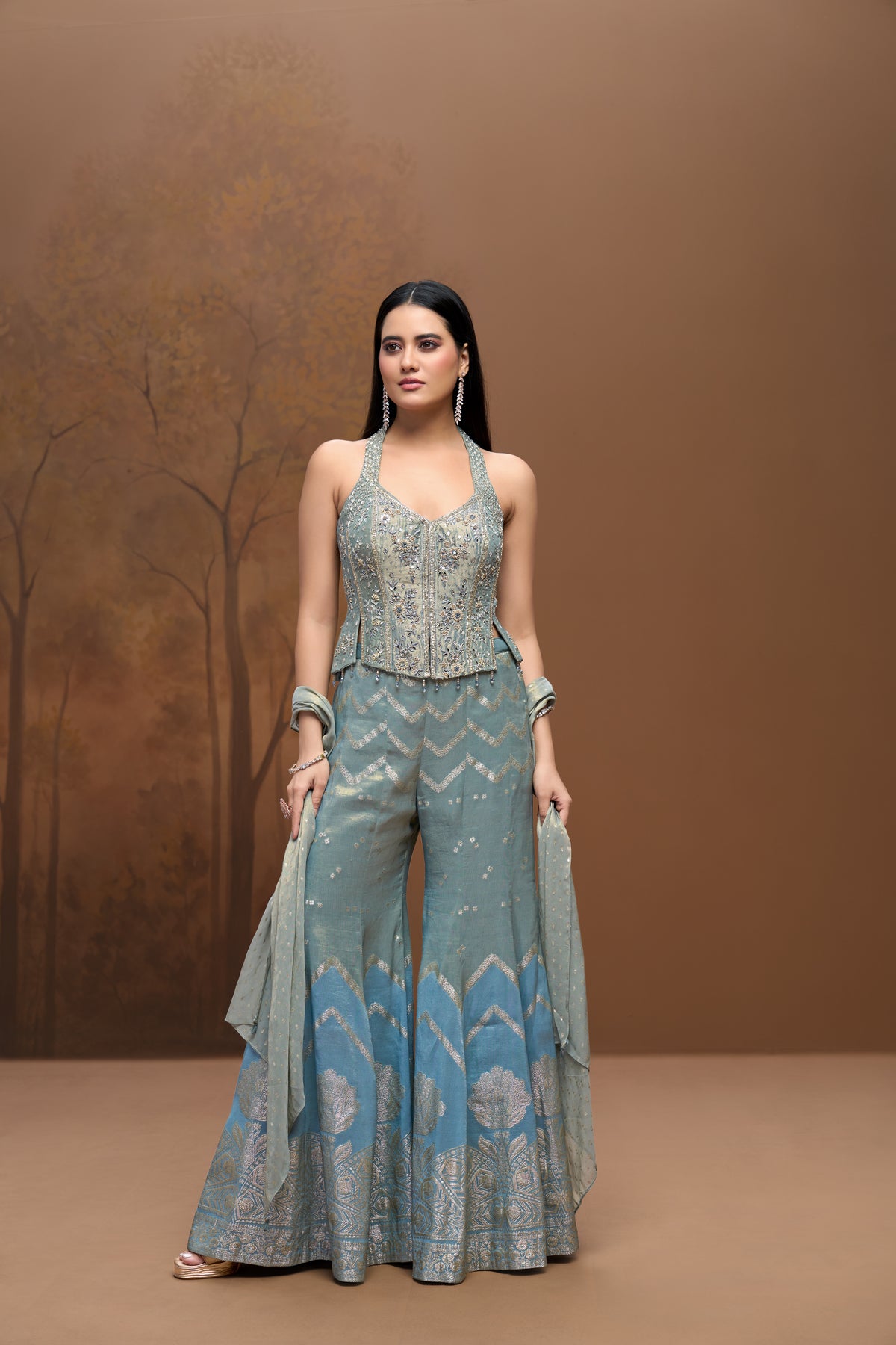 Blue tissue silk mirror embroidered corset sharara set for wedding and festive wear