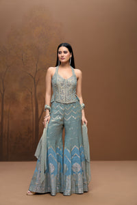 Blue tissue silk mirror embroidered corset sharara set for wedding and festive wear