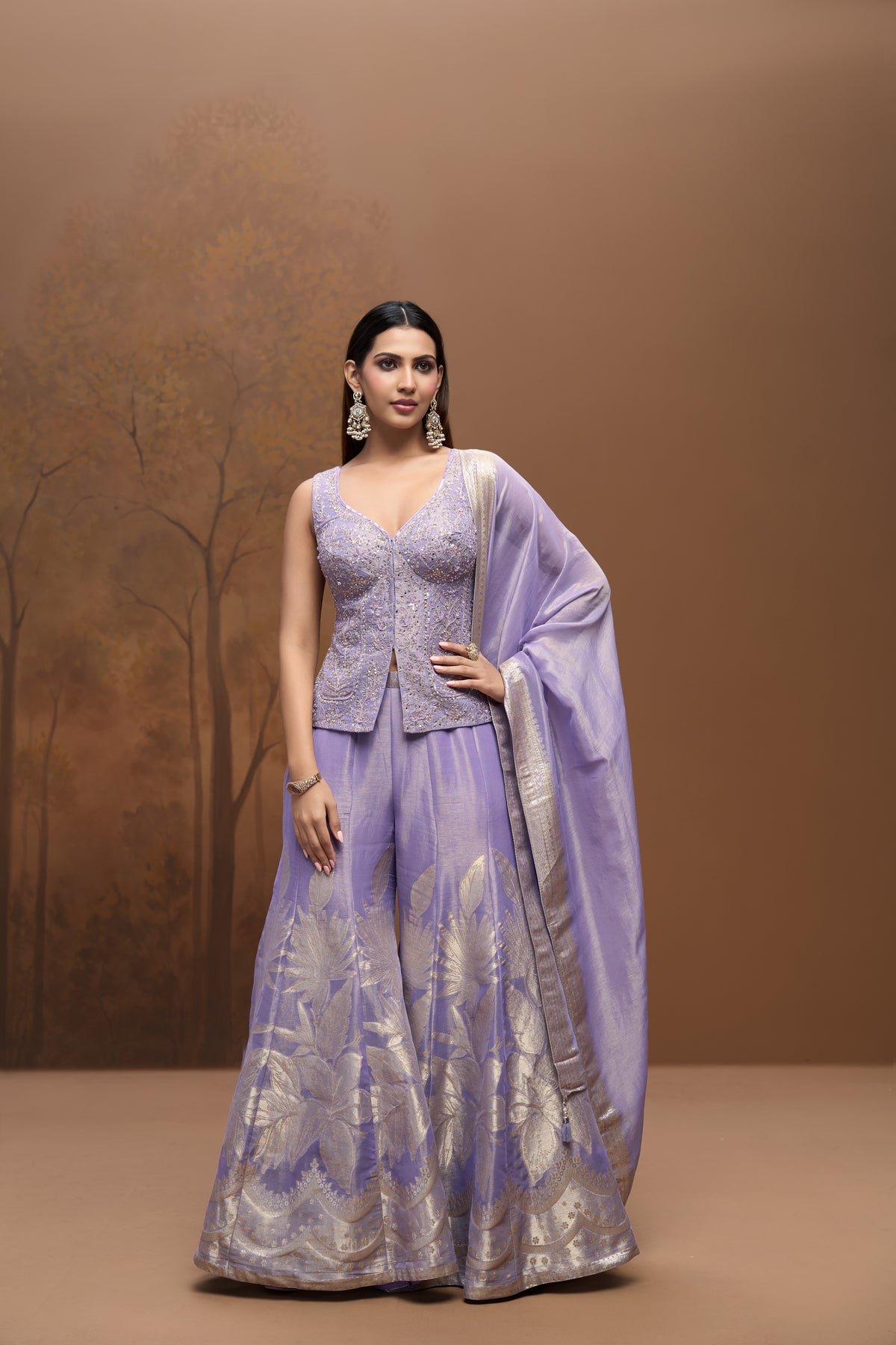 Lilac tissue silk embroidered salwar kameez set for wedding and festive wear