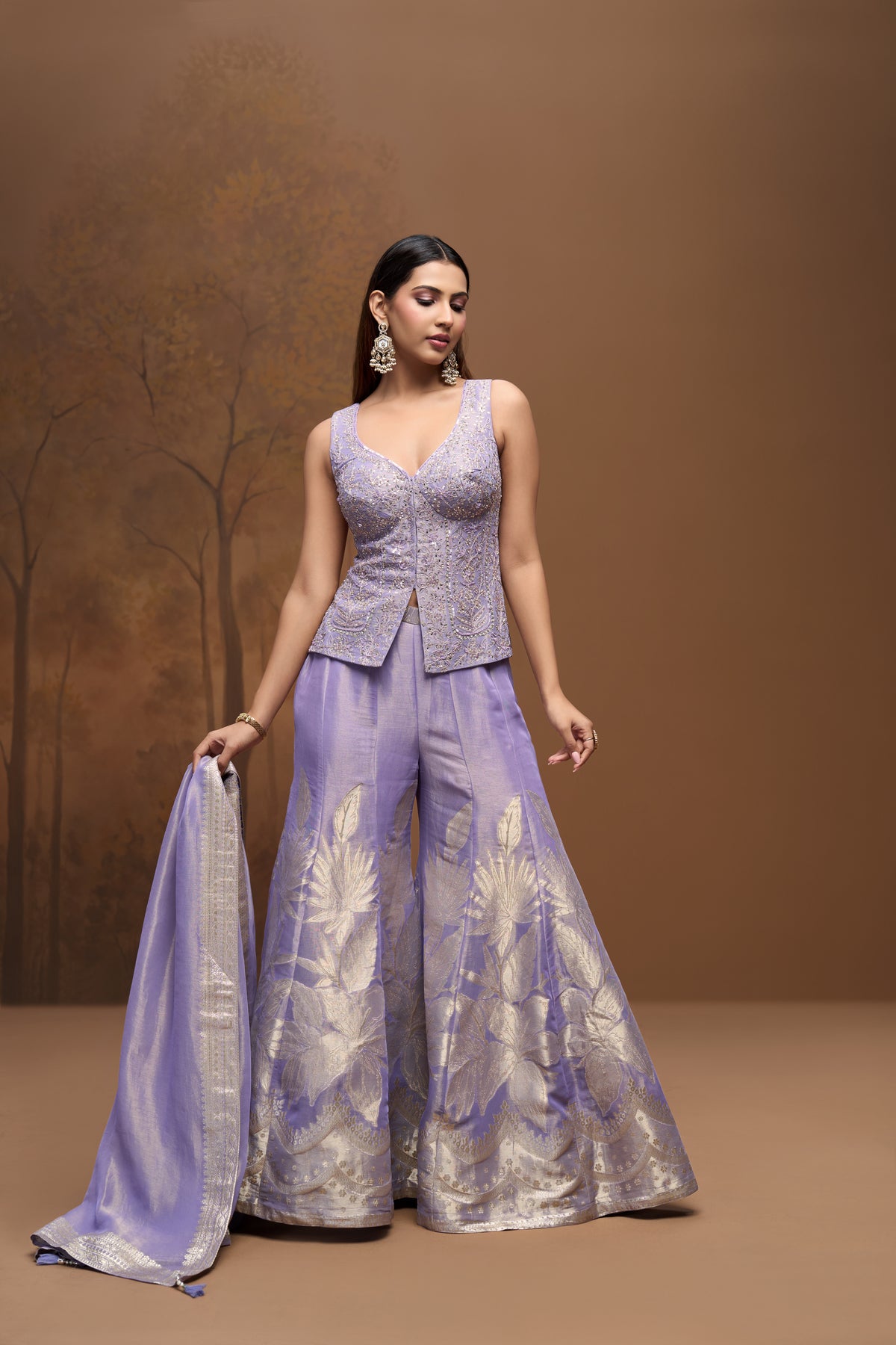Lilac embroidered tissue silk salwar suit for sangeet and wedding celebrations