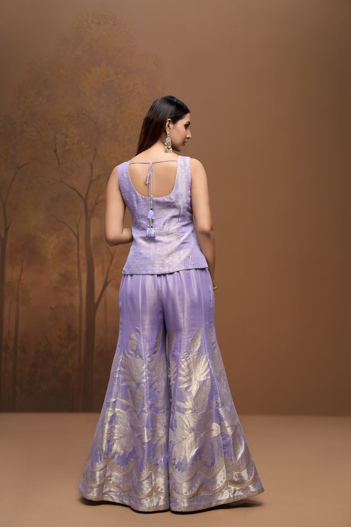 Lilac embroidered salwar suit in tissue silk for festive, wedding and party wear