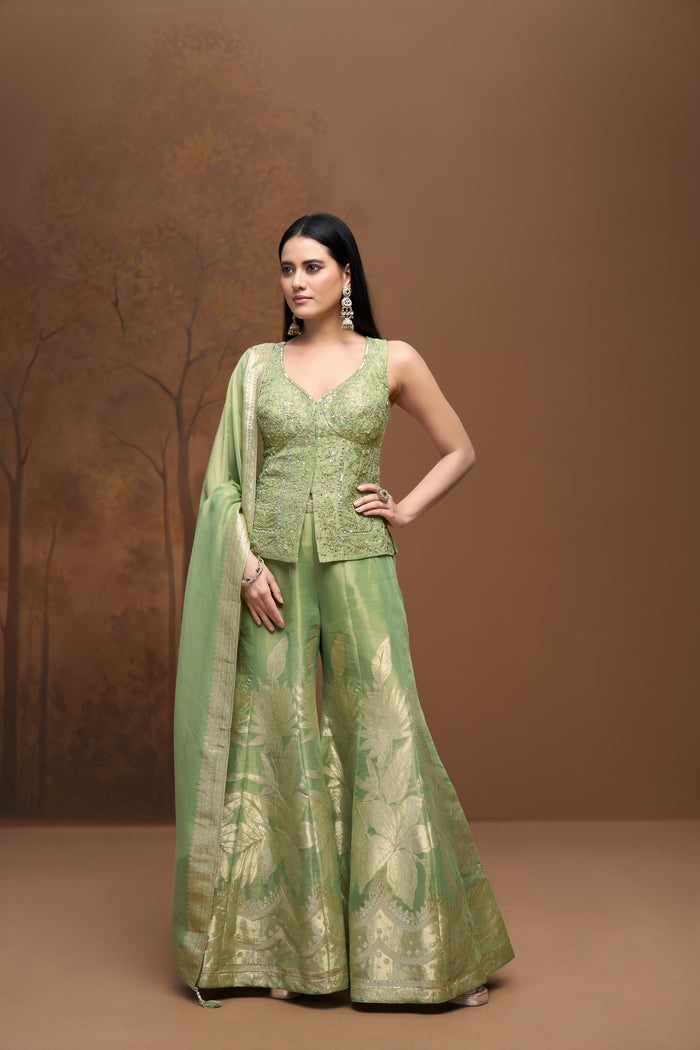 Green tissue silk embroidered salwar kameez set for wedding and festive wear