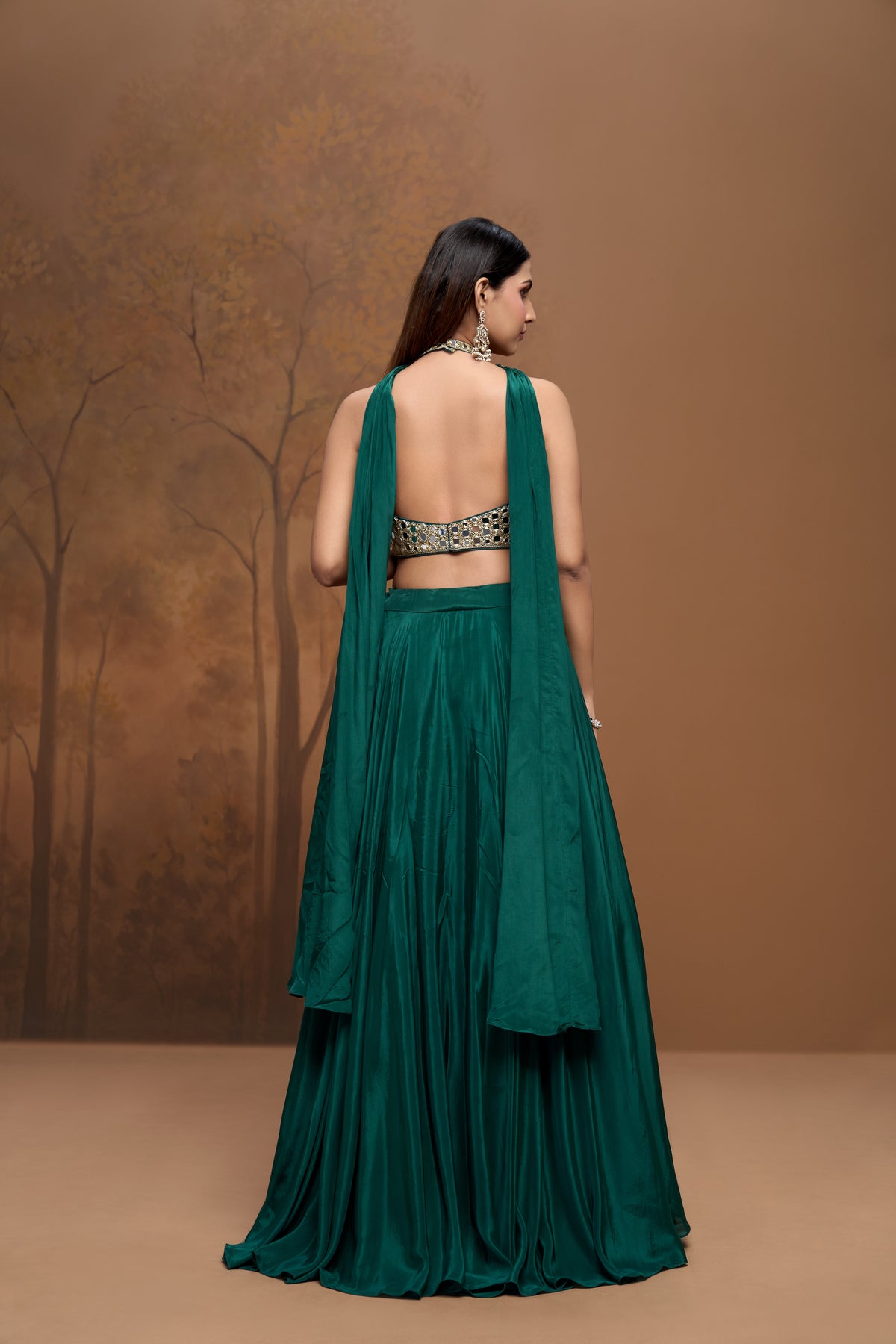Green mirror embellished halter neck lehenga for mehendi, sangeet and festive party wear