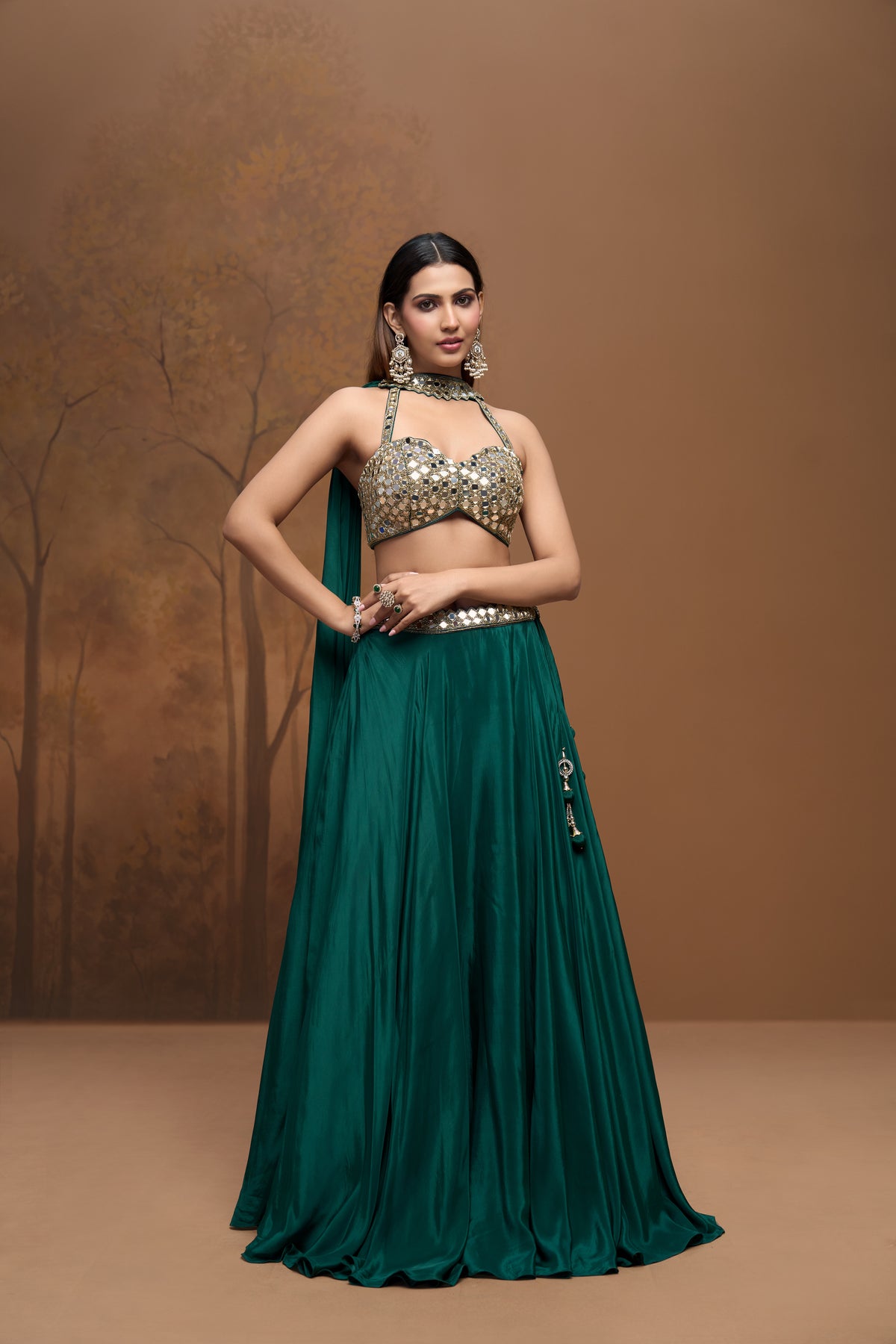 Green mirror work halter neck lehenga choli for sangeet and reception celebrations