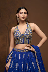 Stylish cobalt blue lehenga choli set perfect for sangeet, reception, engagement, and party wear celebrations.