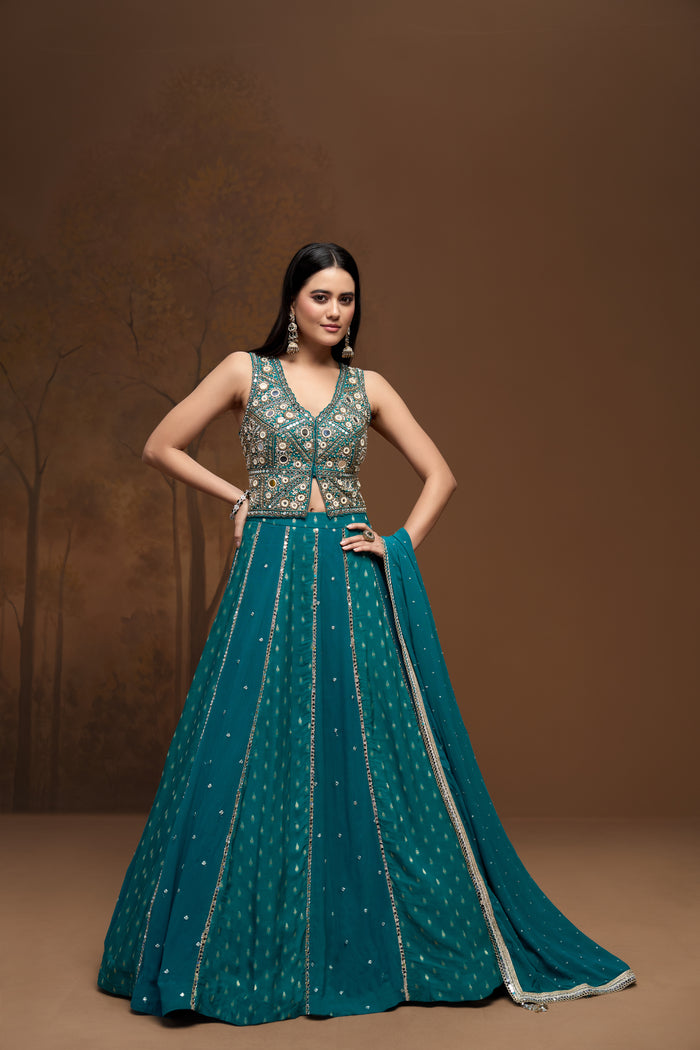 Front view of green embroidered lehenga set featuring intricate mirror work and elegant georgette fabric for sangeet and mehendi occasions.