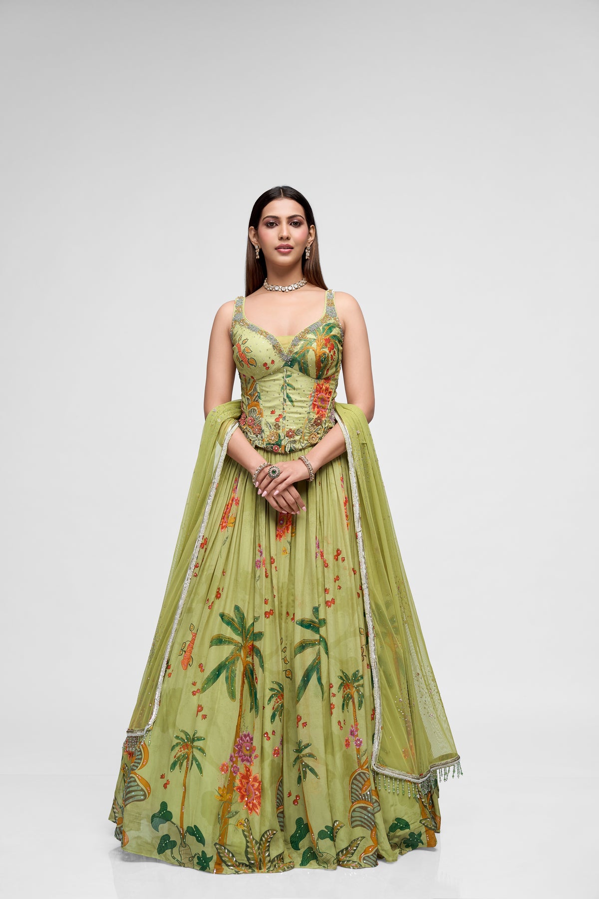 Green flower embroidered printed corset lehenga set with stylish blouse, perfect for Indian weddings, sangeet, and festive celebrations.