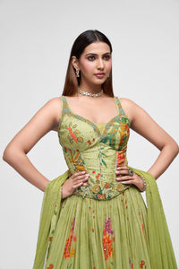 Elegant green floral embroidered corset lehenga set, ideal for bridesmaids, wedding guests, cocktail parties, and festive ethnic wear.