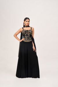 BLACK CORSET SHARARA SET WITH INTRICATE EMBROIDERY