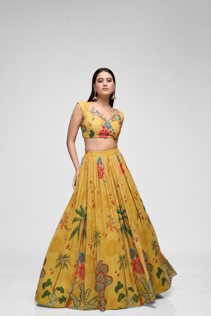 Stylish mustard yellow sequin lehenga set with embroidered blouse and printed georgette skirt, ideal for weddings, receptions, engagements, and party wear.