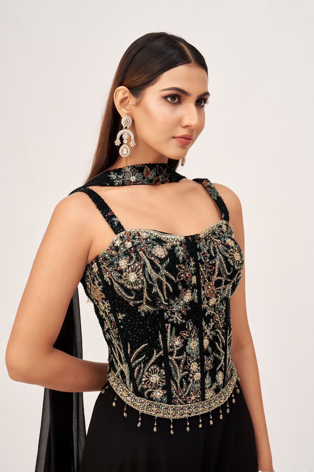 BLACK CORSET SHARARA SET WITH INTRICATE EMBROIDERY