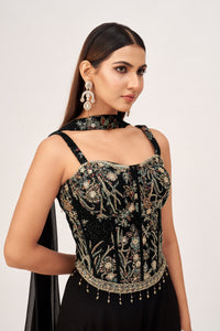 BLACK CORSET SHARARA SET WITH INTRICATE EMBROIDERY