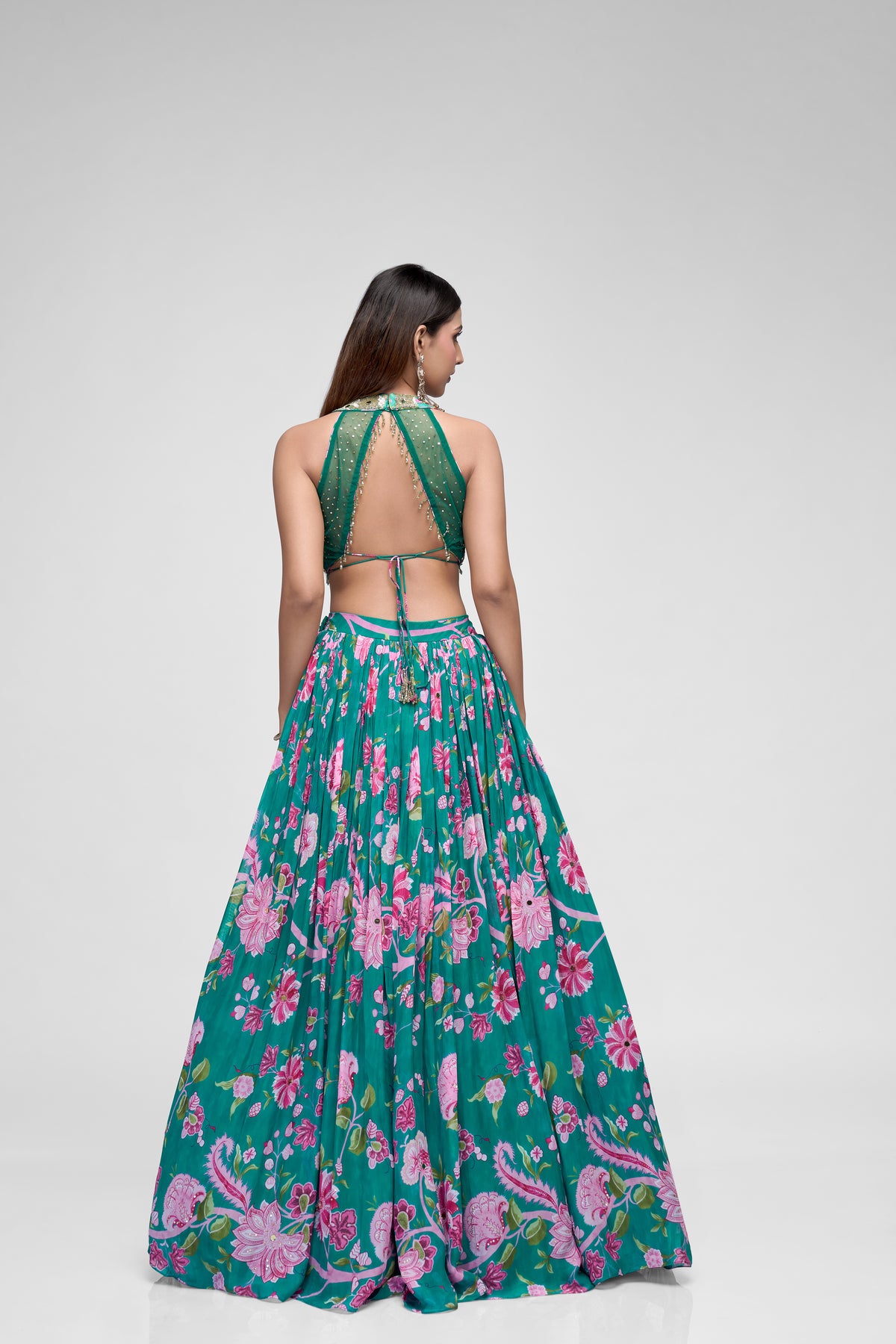 GREEN SEQUINS EMBROIDERED PRINTED GEORGETTE LEHENGA SET