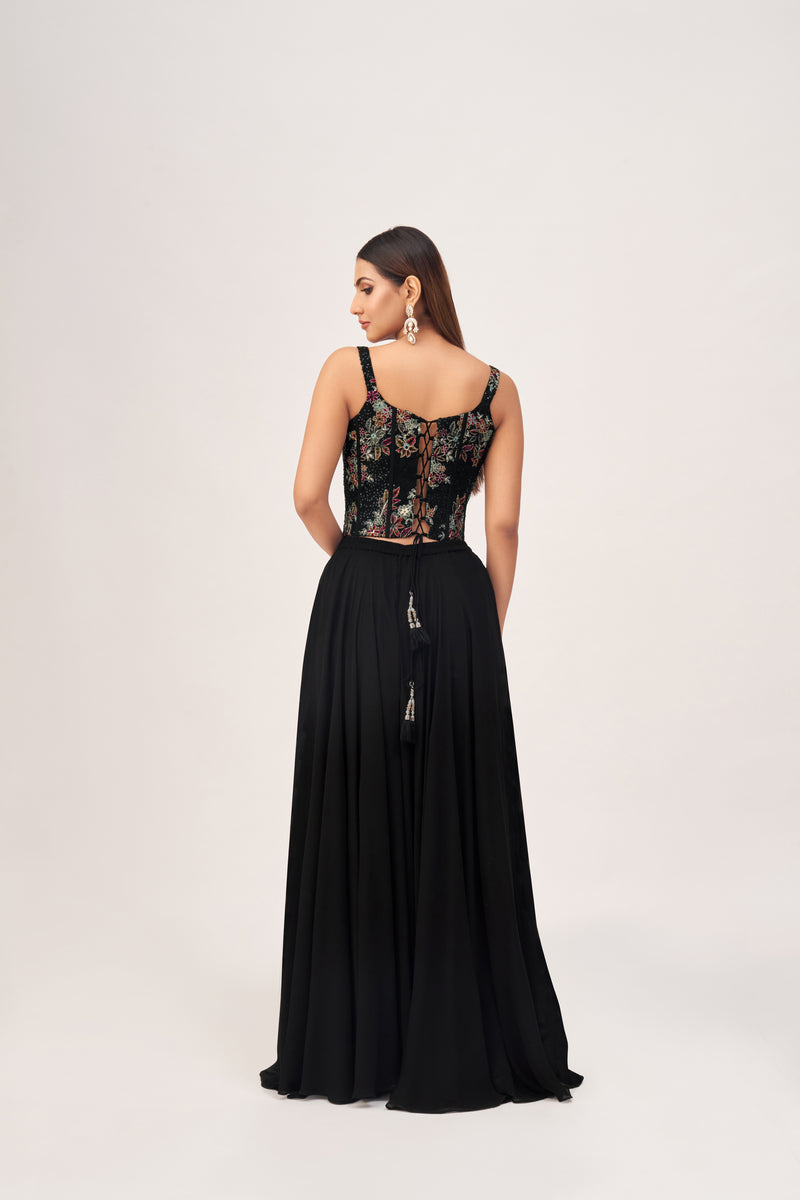 BLACK CORSET SHARARA SET WITH INTRICATE EMBROIDERY