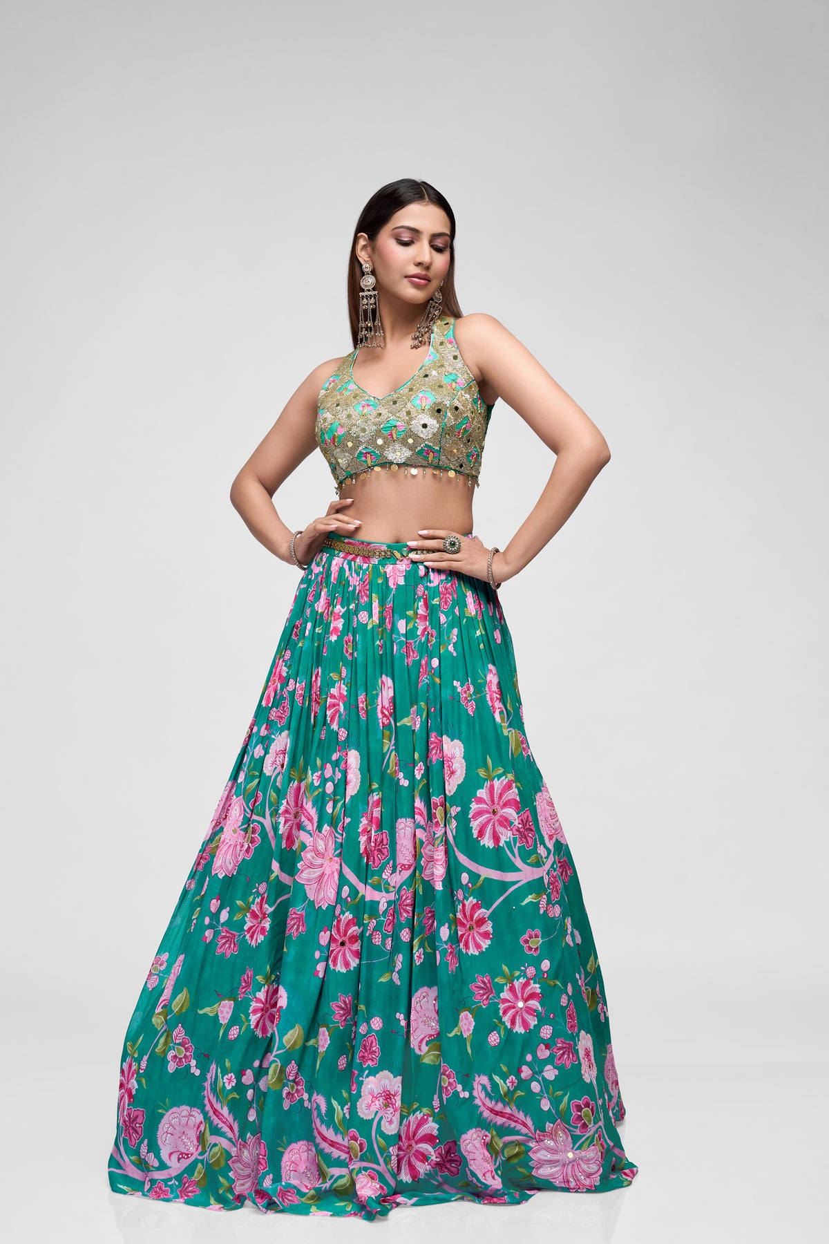 GREEN SEQUINS EMBROIDERED PRINTED GEORGETTE LEHENGA SET