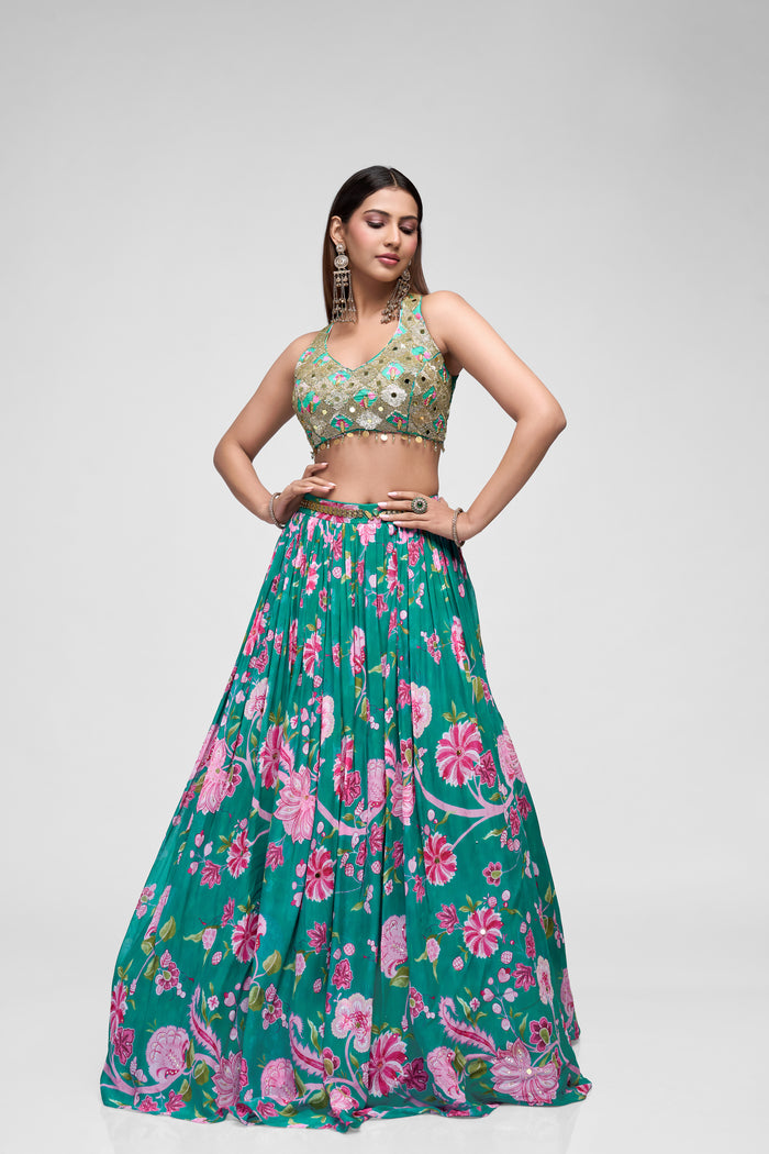 GREEN SEQUINS EMBROIDERED PRINTED GEORGETTE LEHENGA SET
